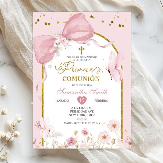 Invitation Coquette Blush Pink Butterfly Primera Communion