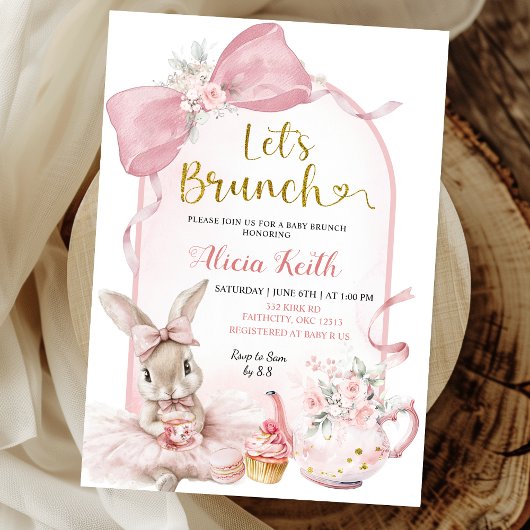 Invitation Coquette Blush Pink Floral Bow Bunny Baby Brunch