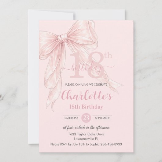 Invitation Coquette Blush Pink Ribbon Bow 18th Birthday (Devant)