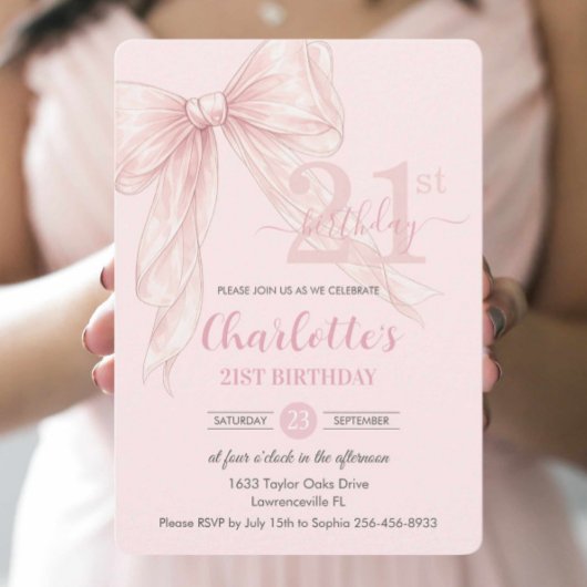 Invitation Coquette Blush Pink Ribbon Bow 21st Birthday