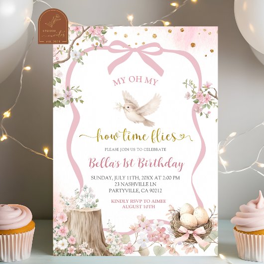 Invitation coquette blush pink Spring bird birthday 
