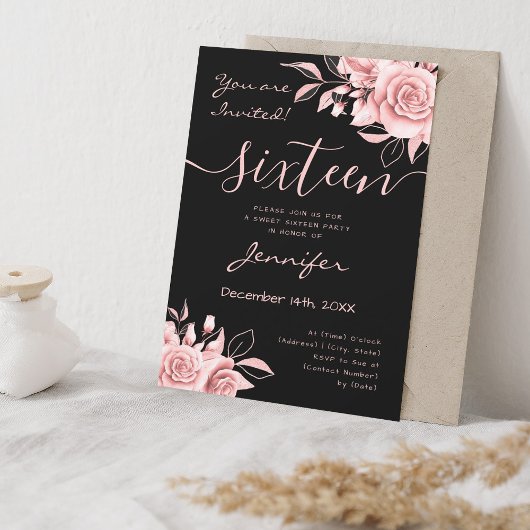 Invitation Coquette Blush Rose Sweet 16 Floral Black