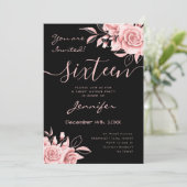 Invitation Coquette Blush Rose Sweet 16 Floral Black (Debout devant)