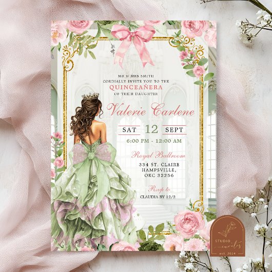 Invitation Coquette Bow Ballroom Sage Blush Pink Quinceanera