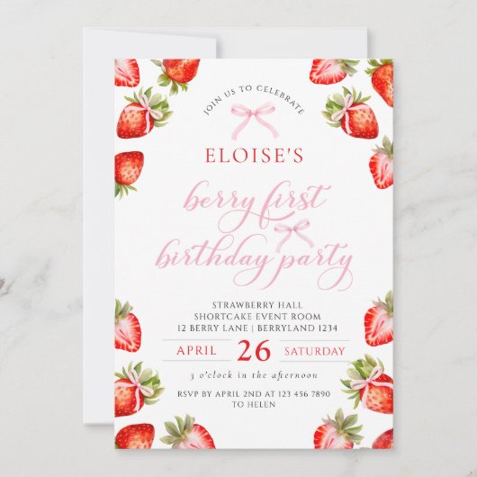 Invitation Coquette Bow Berry First Strawberry First Birday (Devant)