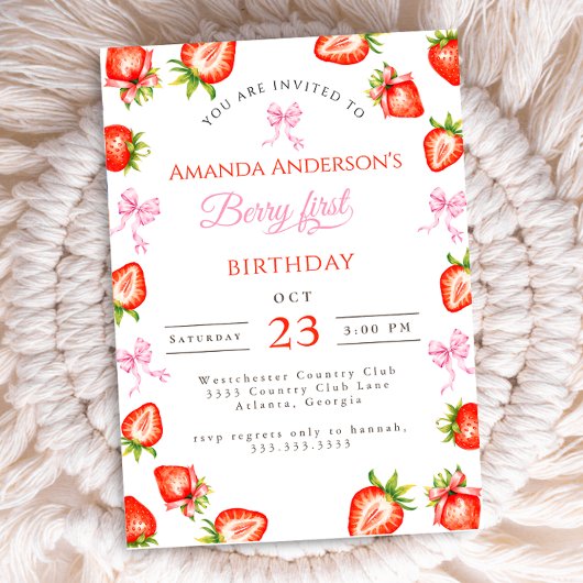 Invitation Coquette Bow Berry First Strawberry First Birday