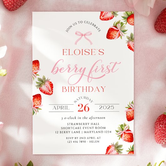 Invitation Coquette Bow Berry First Strawberry First Birday