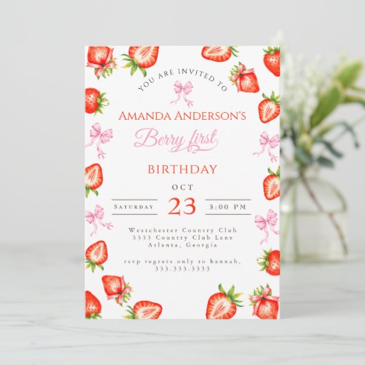 Invitation Coquette Bow Berry First Strawberry First Birday (Debout devant)
