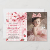 Invitation Coquette Bow Berry First Strawberry Photo Annivers (Devant)
