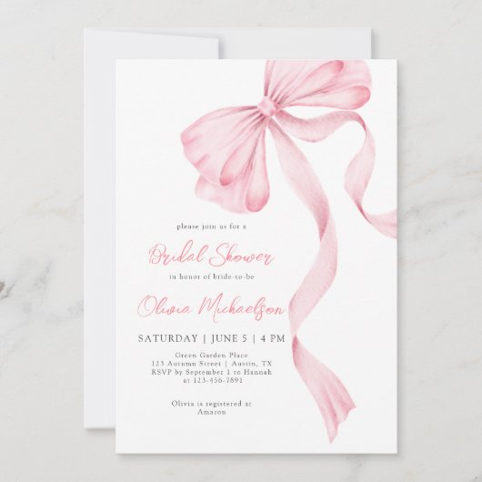 Invitation Coquette Bow Blush Pink Ribbon Fête des mariées (Devant)