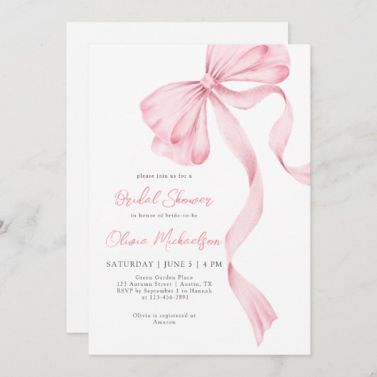 Invitation Coquette Bow Blush Pink Ribbon Fête des mariées (Devant / Derrière)