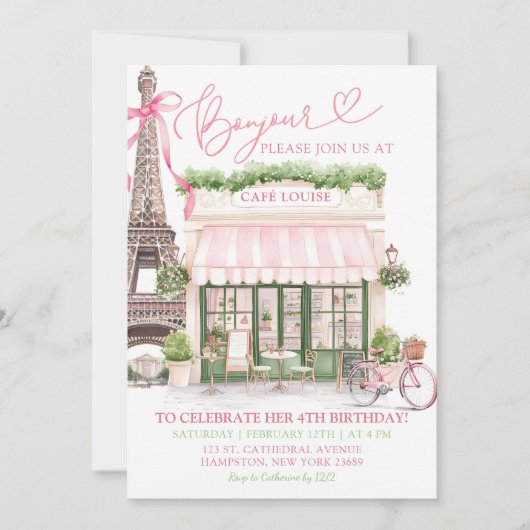 Invitation Coquette Bow Café parisien Anniversaire (Devant)