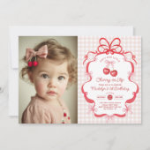 Invitation Coquette Bow Cherry First 1st Birthday Photo (Devant)