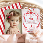 Invitation Coquette Bow Cherry First 1st Birthday Photo