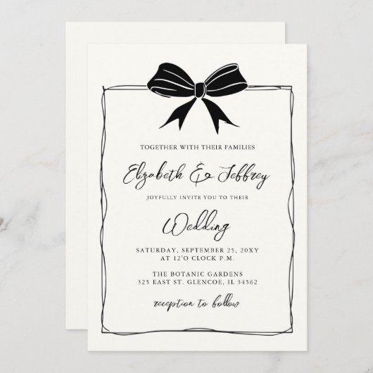 Invitation Coquette Bow dessinée à la main Mariage chic moder (Devant / Derrière)