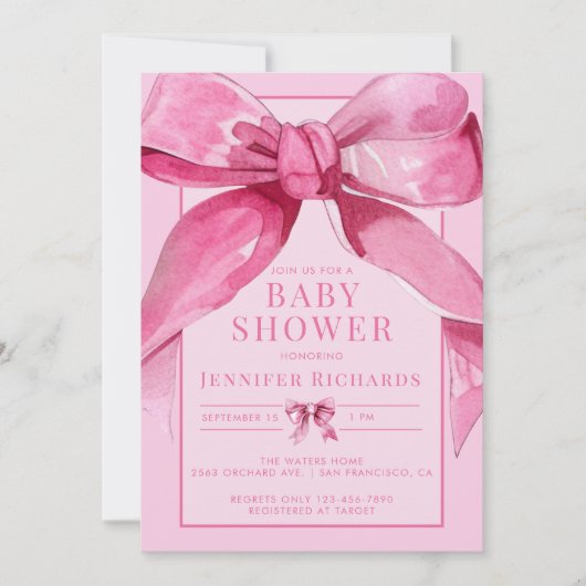 Invitation Coquette Bow | Douche pour bébé rose (Devant)