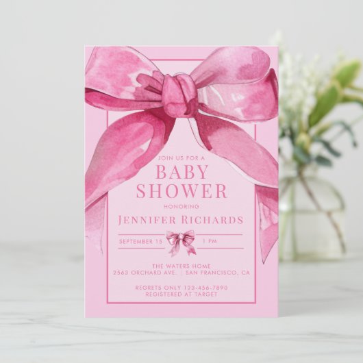 Invitation Coquette Bow | Douche pour bébé rose (Debout devant)