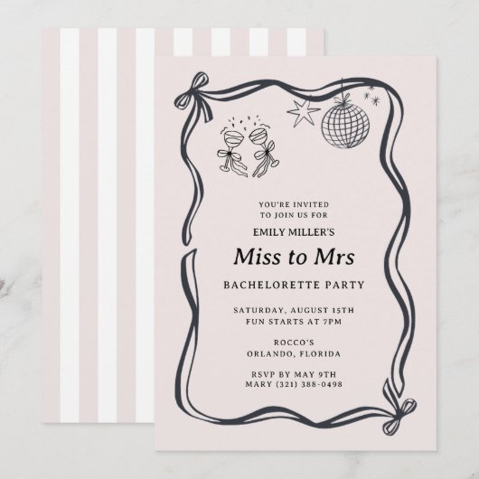 Invitation Coquette Bow Miss to Mrs Bachelorette  (Devant / Derrière)