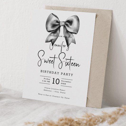 Invitation Coquette Bow Noir Cute Script Sweet 16