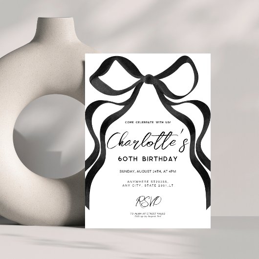 Invitation Coquette Bow Noir Style 60e fête d'anniversaire