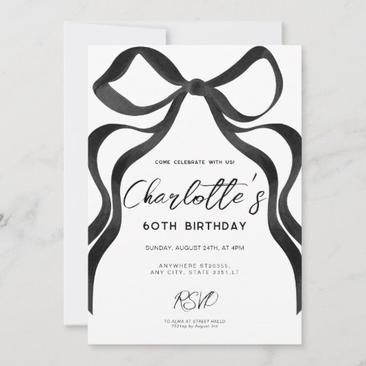 Invitation Coquette Bow Noir Style 60e fête d'anniversaire (Devant)