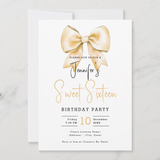 Invitation Coquette Bow Or Cute Script Sweet 16 Party (Devant)