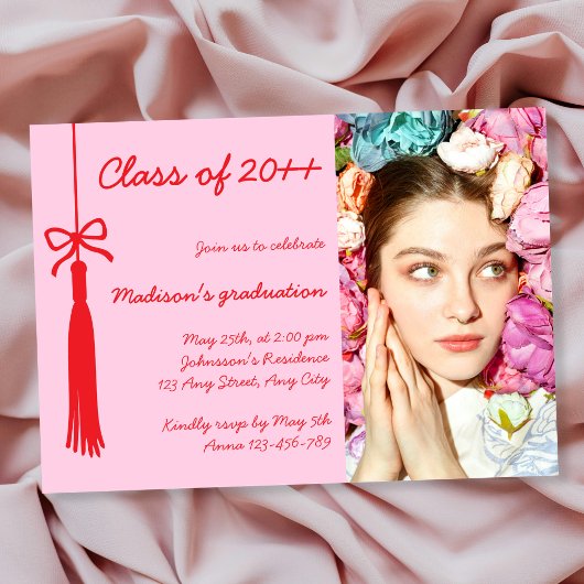 Invitation Coquette Bow Pink Red Elegan Photo 2026 Graduation