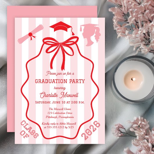 Invitation Coquette Bow | Pink Stripes Graduation Party