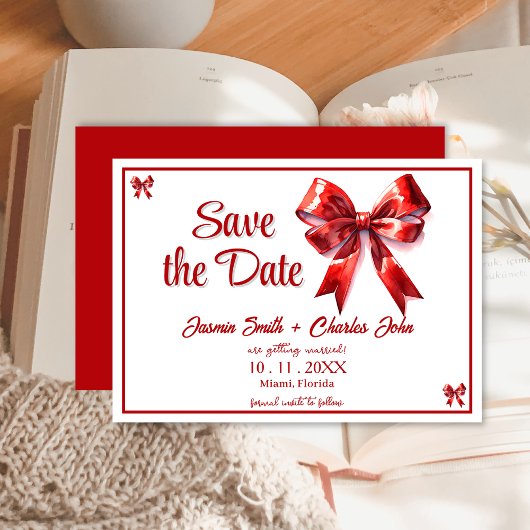 Invitation Coquette Bow Red Wedding Enregistrer la date