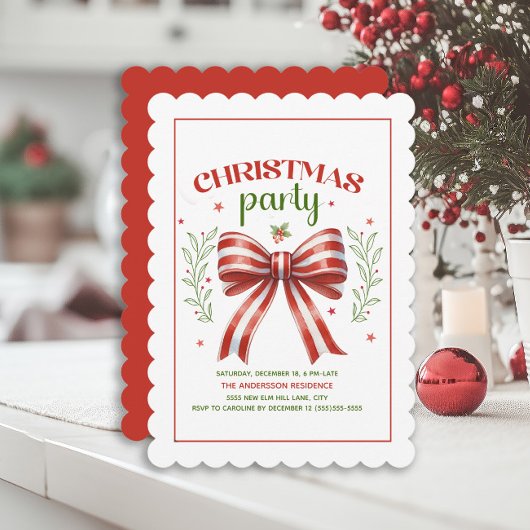 Invitation Coquette Bow Red White Scalloped Christmas Party