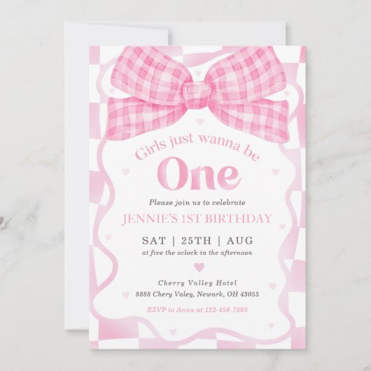 Invitation Coquette Bow rose 1er anniversaire (Devant)