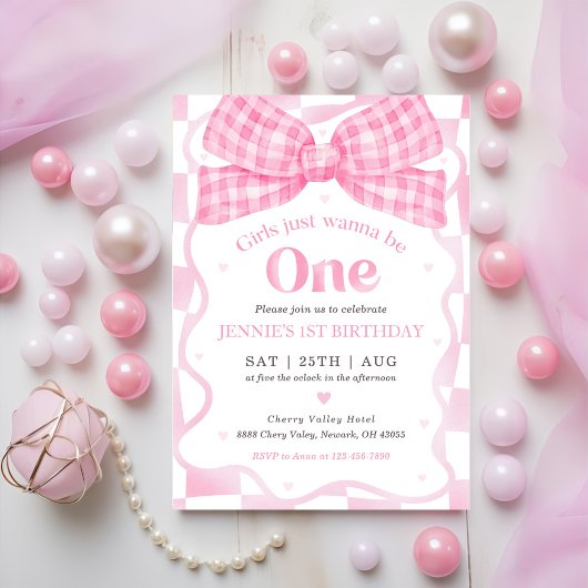 Invitation Coquette Bow rose 1er anniversaire