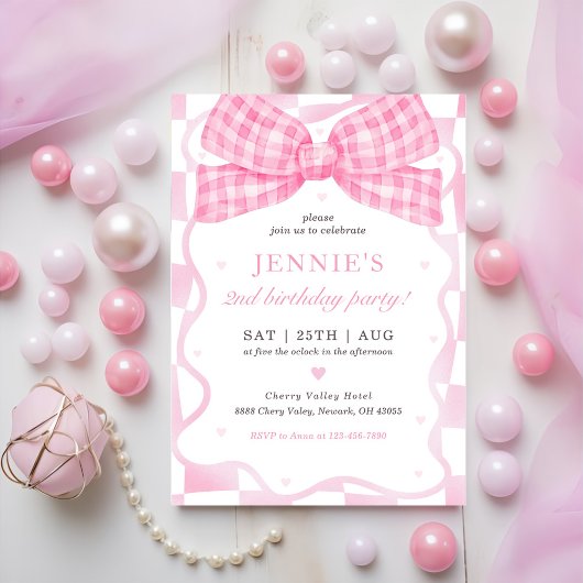 Invitation Coquette Bow rose 2e fête d'anniversaire
