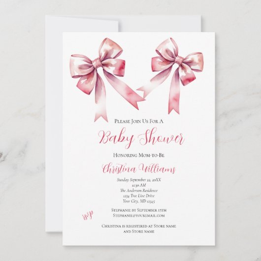 Invitation Coquette Bow rose Baby shower fille (Devant)