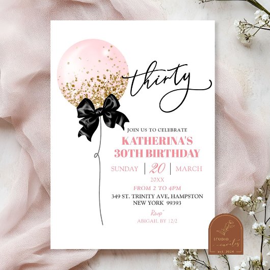 Invitation Coquette Bow rose Balloon Adulte Anniversaire
