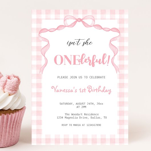 Invitation Coquette Bow Rose Bleu 1er Anniversaire