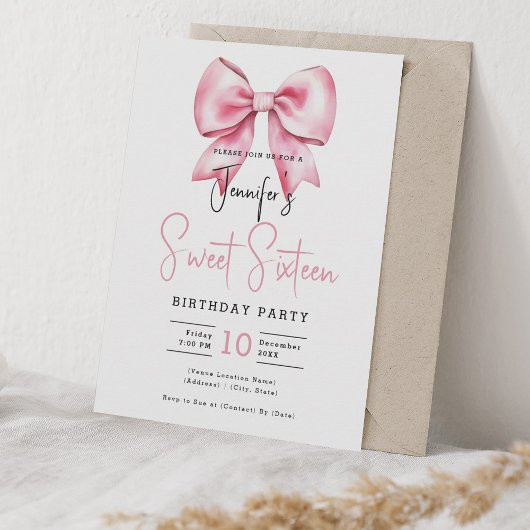 Invitation Coquette Bow Rose Bleu Joli Script Sweet 16