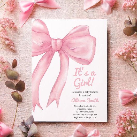 Invitation Coquette Bow Rose Blush Baby shower Preppy Girl