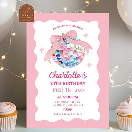 Invitation Coquette Bow Rose Disco Ball Girl Anniversaire