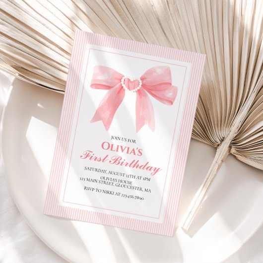 Invitation Coquette Bow rose et rayures 1er anniversaire