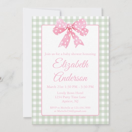 Invitation Coquette Bow Rose Et Sage En vichy Baby shower (Devant)