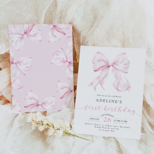 Invitation Coquette Bow rose Fille premier anniversaire