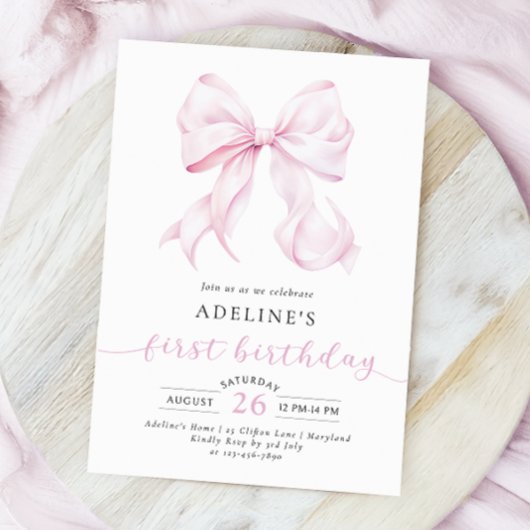 Invitation Coquette Bow rose Fille premier anniversaire