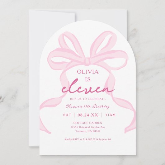 Invitation Coquette Bow rose Filles 11e Anniversaire (Devant)