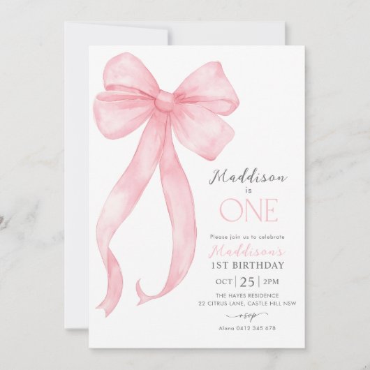Invitation Coquette Bow rose Filles 1er anniversaire (Devant)