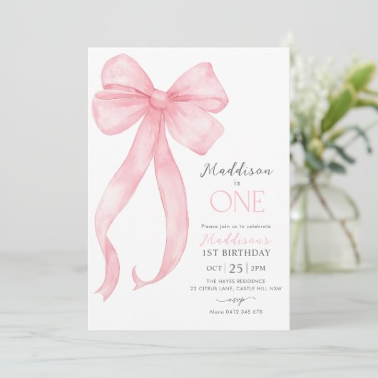 Invitation Coquette Bow rose Filles 1er anniversaire (Debout devant)