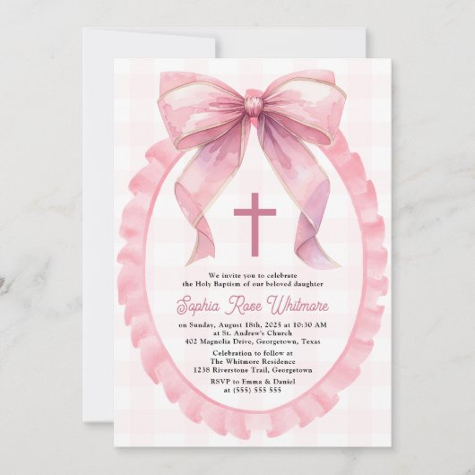 Invitation Coquette Bow rose mignonne Baptême (Devant)
