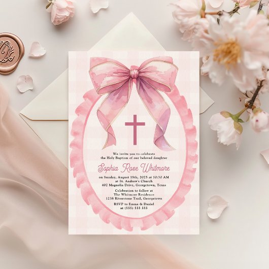 Invitation Coquette Bow rose mignonne Baptême
