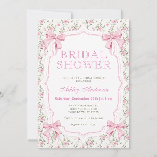Invitation Coquette Bow rose Moderne Douche nuptiale Invitati (Devant)