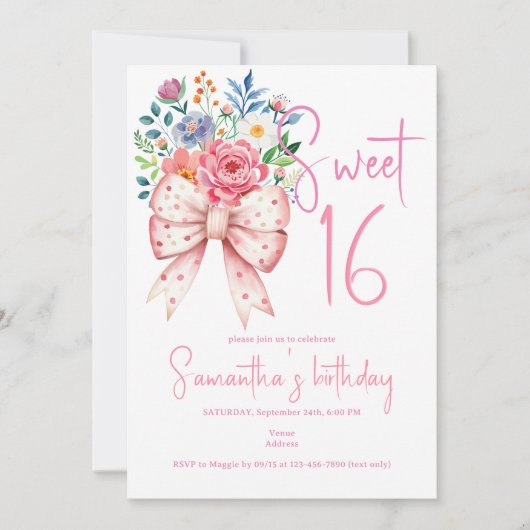 Invitation Coquette Bow rose Moderne Floral Sweet 16 Annivers (Devant)